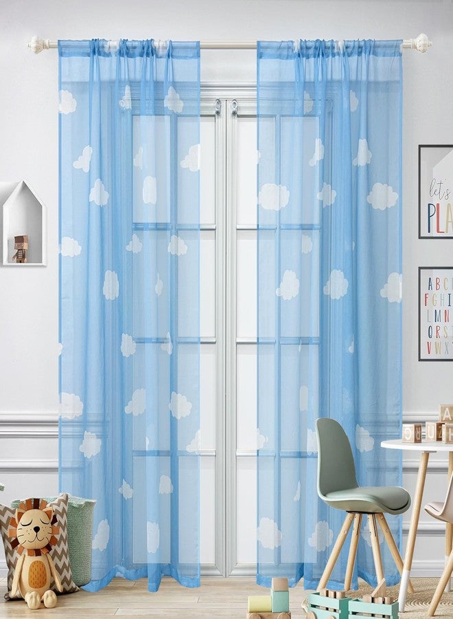 AiFMQQ Cartoon Print White Cloud Sheer Curtains for Kids Bedroom Living Room Rod Pocket Top 2 Panels 63 Inches Long Blue Light-Filtering Sheer Curtain for Nursery Baby Room (W42 L63 inch,Blue Sheer) - Image 1